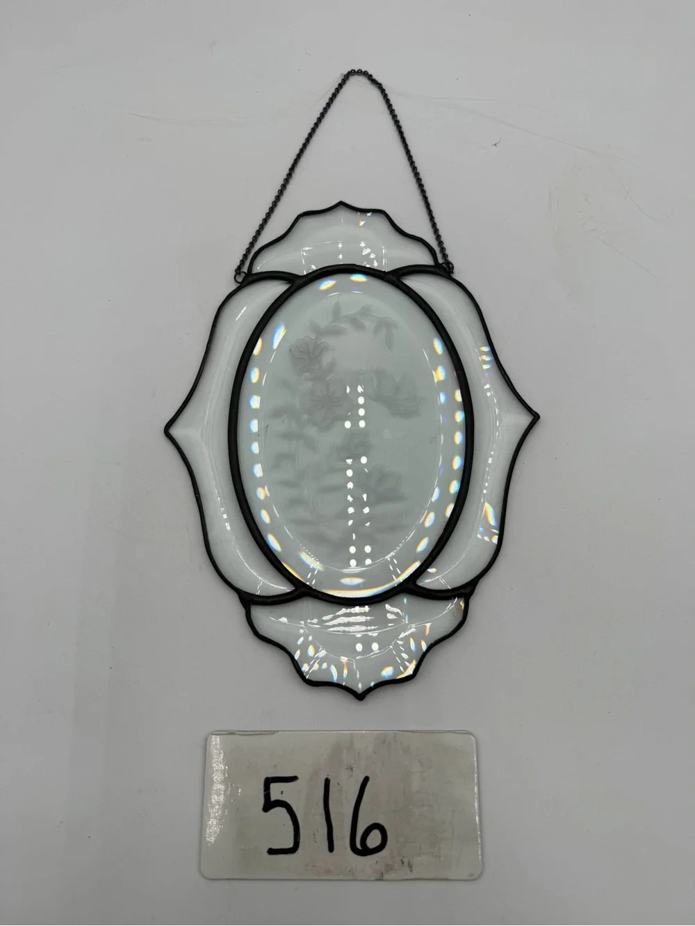 Vintage Leaded Stained Glass Hanging Suncatcher Etched Floral Oval Window Panel